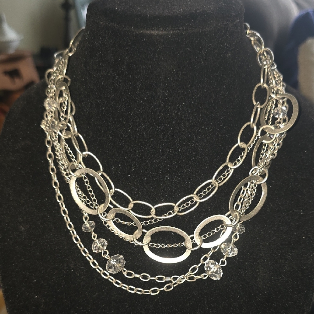 Cookie Lee Multi-Layer Silver Necklace with Crystal Drops